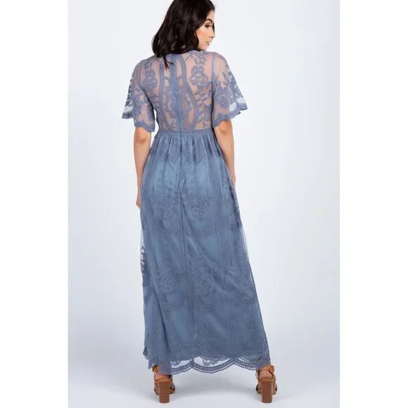 PinkBlush Blue Lace Mesh Overlay Maxi Dress Small Boho Fairy Feminine Empire Wai - Picture 2 of 8